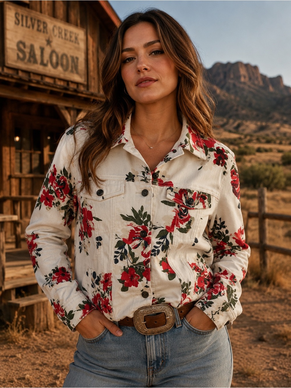 Floral Button-Front Utility Jacket - Cream with Red Floral DG2 Stretchy